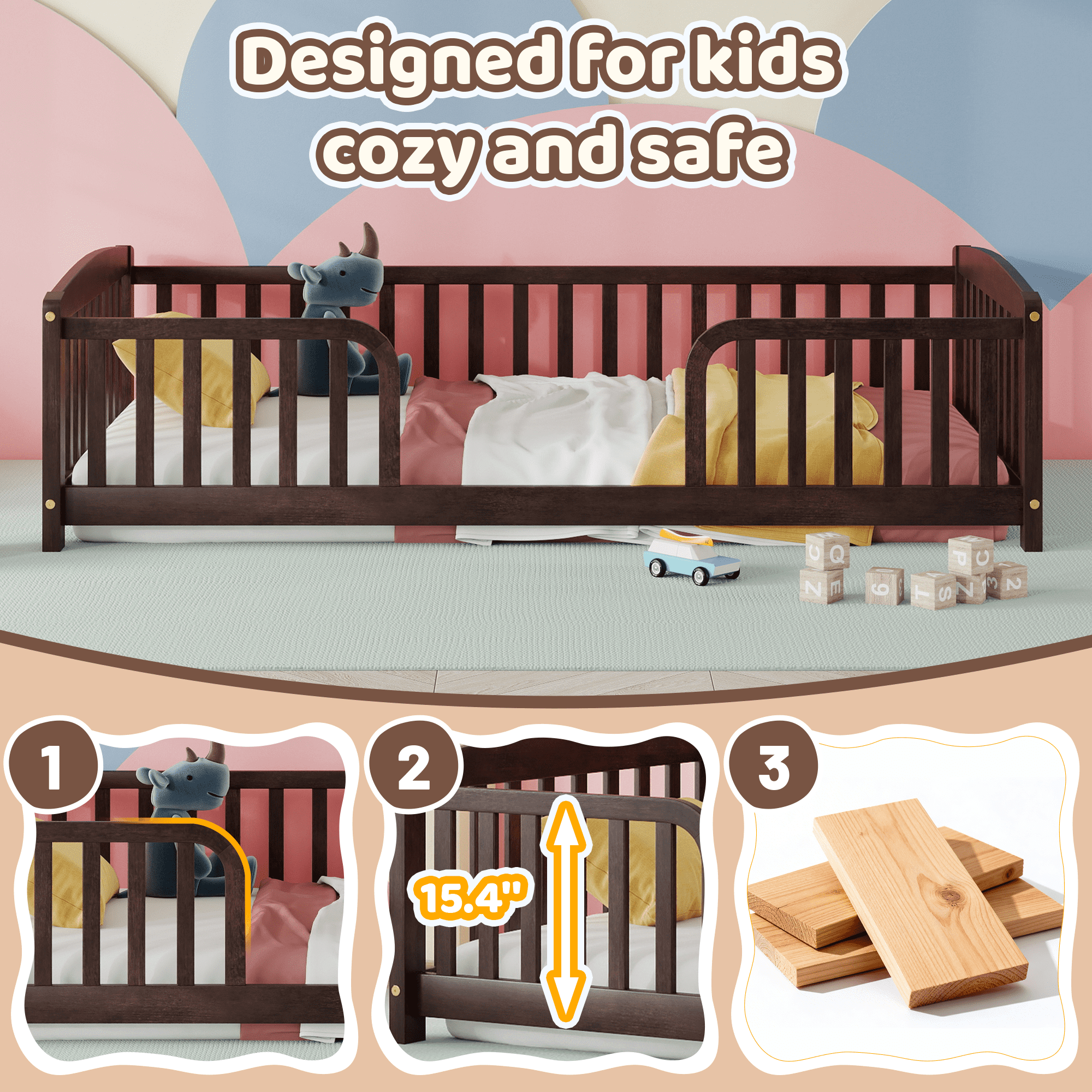 Mintazer Full Size Toddler Floor Bed with Guardrails & Central Entrance, Espresso