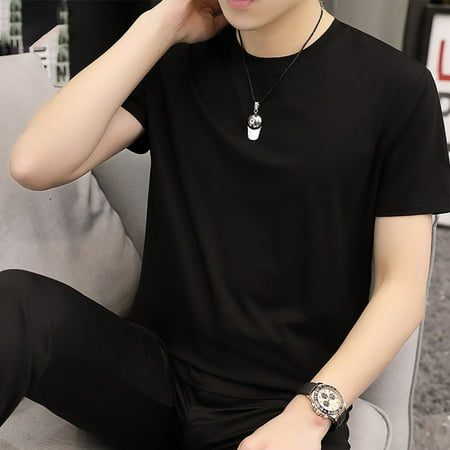 

ALSLIAO Stretch Round-Neck Basic Tops Mens Seamless Thin Undershirts Summer T Shirt Black 3XL