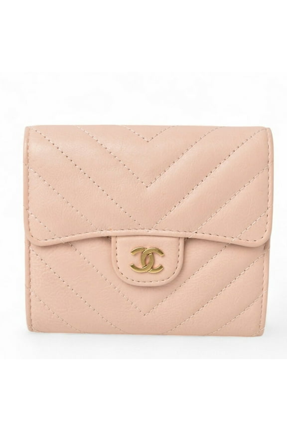 Pre-Owned Chanel Wallet Tri-fold CHANEL Chevron Leather Baby Pink (Good)