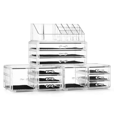 Unique Home Acrylic Makeup Cosmetic Organizer 4 Piece Large Set to Conceal Lipstick, Eye-Shadow, Brushes with 3 Storage Drawers, Clear, 4 Piece Set