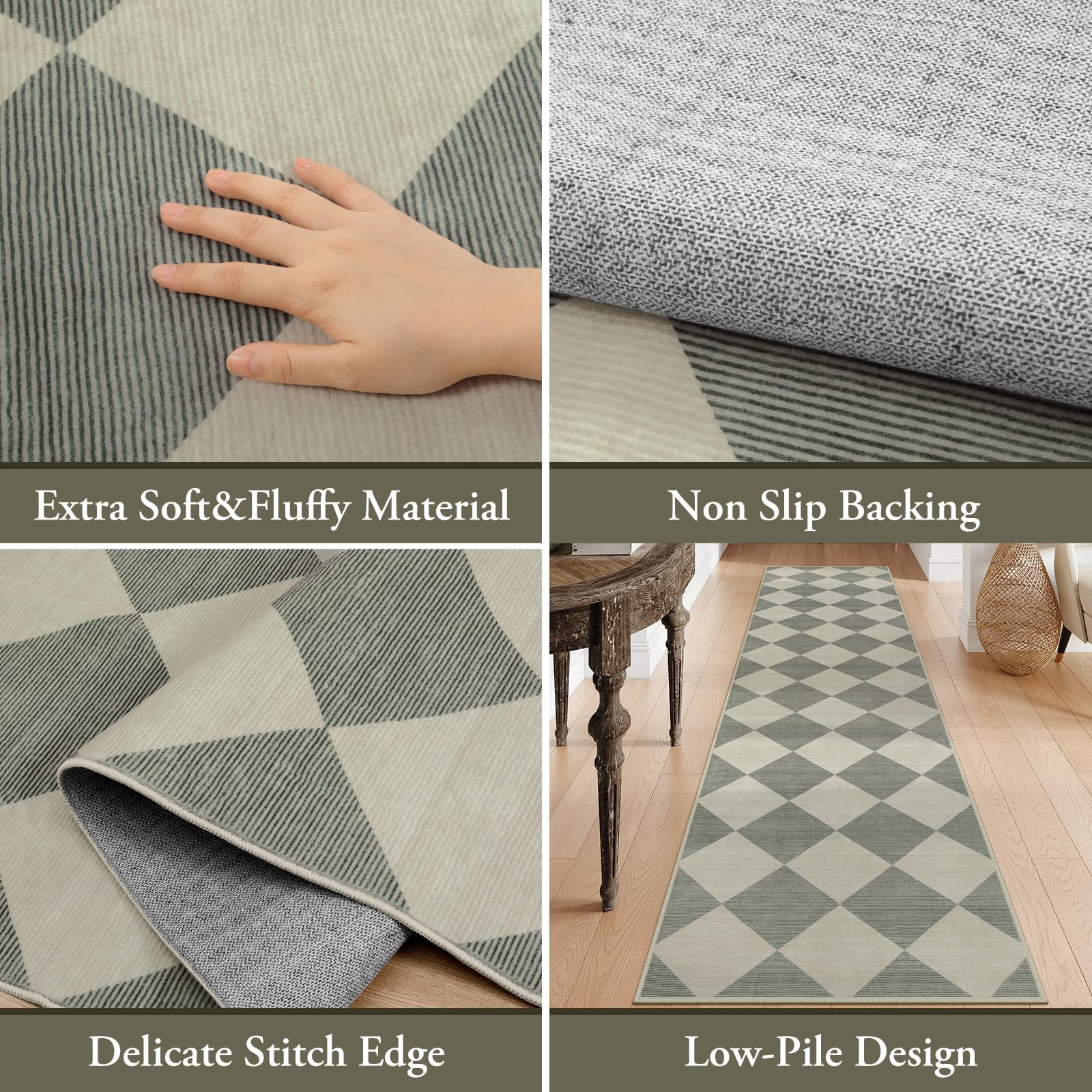 Lahome Decor 2'x3' Modern Washable Rugs for Bedroom, 2x3ft Non-Slip Door Mat Indoor Entrance, Farmhouse Checkered Rug,Soft Low Pile Carpet Throw Rugs for Entryway Laundry Bedroom,Green