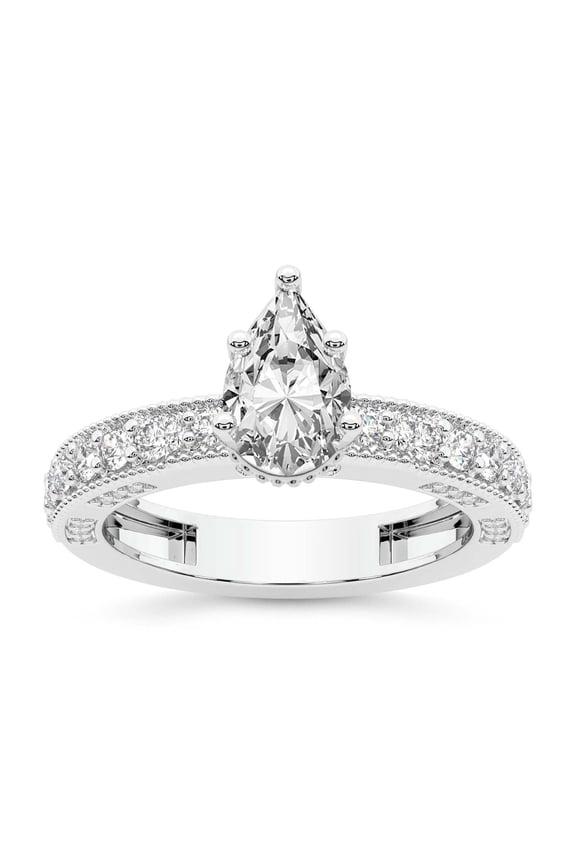IGI Certified 1 Carat Pear Shape Lab Grown Diamond Engagement Ring | 14K White Gold | Regalia Milgrain Diamond Ring | FG-VS Quality Friendly Diamonds