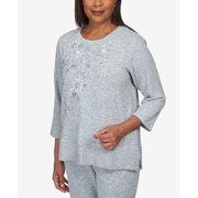 Alfred Dunner Womens Flower Embroidery Split Hem Top