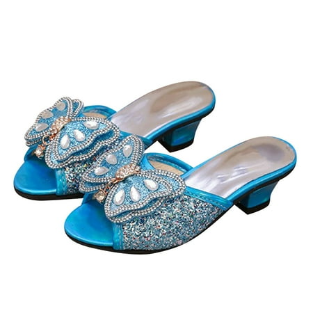 

Cathalem Girls Dress Sandals Kids Heels Big Girl Girl Closed Toe Princess Shoes Fine Flash Hook Buckle Girls Fine Heel High Heels (Blue 29)