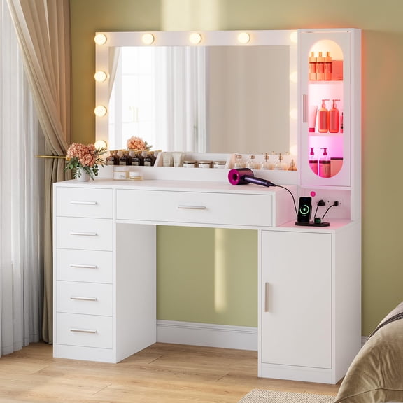 Afuhokles Vanity Desk with Lighted Mirror and Charging Station, Makeup Vanity with Shelves and 6 Drawers for Bedroom, White