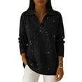 thumbnail image 2 of Valentine's Day Polo Collar Shiny Loose Sweater Top, Women's Elegant V Neck Long-Sleeved Sparkly Pullover Sweater Black S, 2 of 4