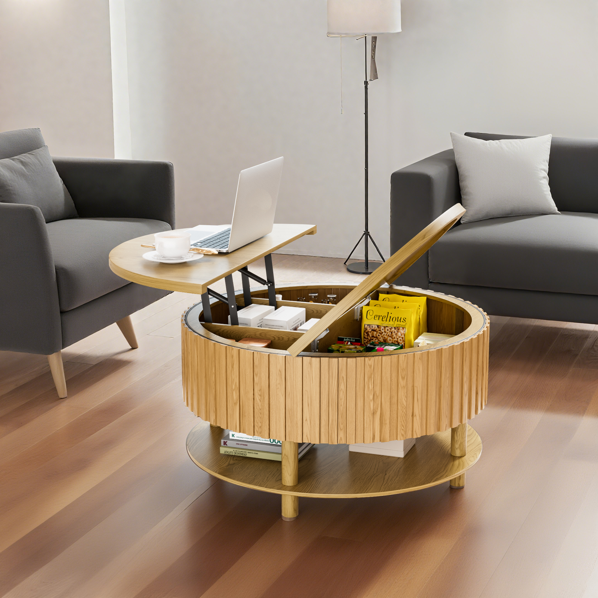 Round Lift Top Coffee Table with Storage, 2-Tier Center Table with Hidden Compartment, Circle Coffee Table with Open Shelf for Living Room, Wood Color