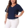 thumbnail image 4 of Camisa casual de verano de mujer plus size de Agnes Orinda, con cuello en V, manga corta y botones, talla 1X, color azul marino, 4 of 6