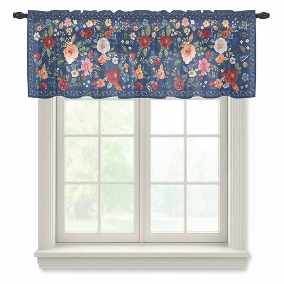 Navy Blue Flowers Valance Curtains for Kitchen/Living Room/Bathroom/Bedroom Window, Rod Pocket Small Topper Half Short Window Curtains Sheer Scarf, Spring Vintage Floral Leaves Farmhouse 54"x18"