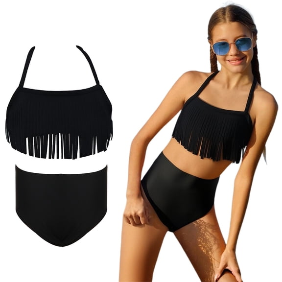 Kids Girls Swimsuits 2 Piece Backless Halter Girls Swim Suits with Chest Pad Girls' Swimwear 9-10 Years