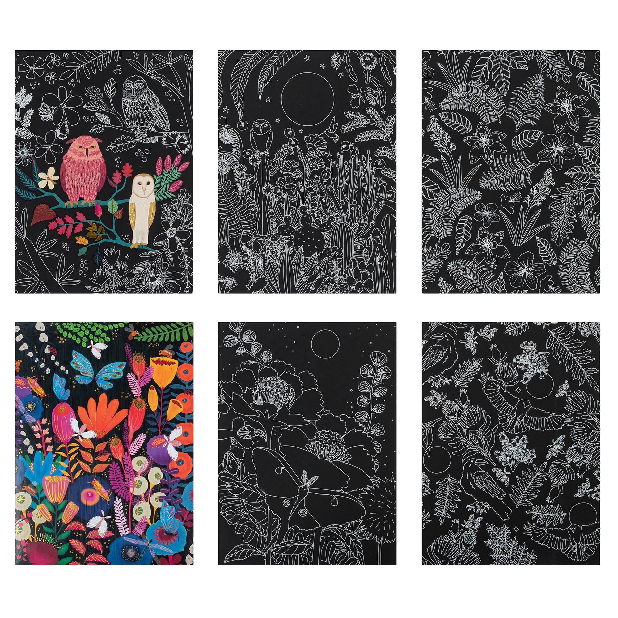 Brea Reese: Scratch Art Paper Pad - Owl & Moon - 6 Designs, Metallic Guided Art, Dual-Tip Stylus & Brush, Easy-to-Frame 9x12" Pages, Adult Craft Kit