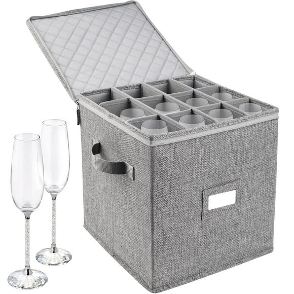 LotFancy Champagne Flute Storage Container, Hard Shell, Stackable, 12" Tall Wine Glass Storage Box with Dividers & Handles, Stemware, Crystal Glassware, Drinkware Case for Moving,