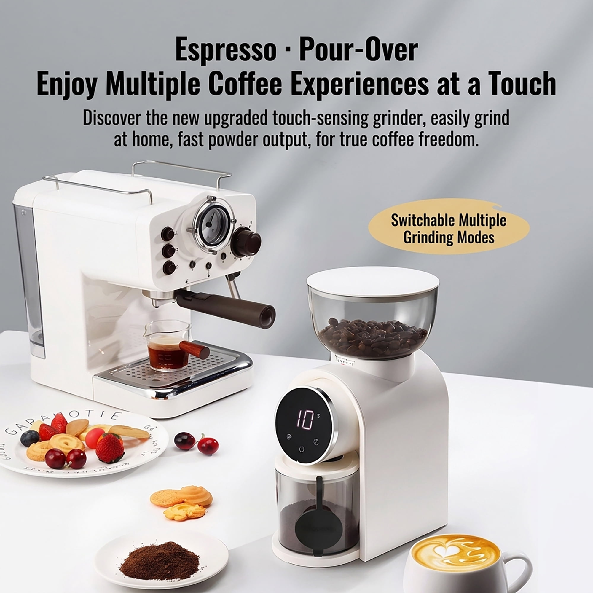 Electric Coffee Grinder LHKLUK, 25 Grind Settings, Timer & Cup Dual Modes, Touch Screen, Stainless Steel Conical Burr, Plastic Body, 250g Capacity, for Home & Commercial Use, White