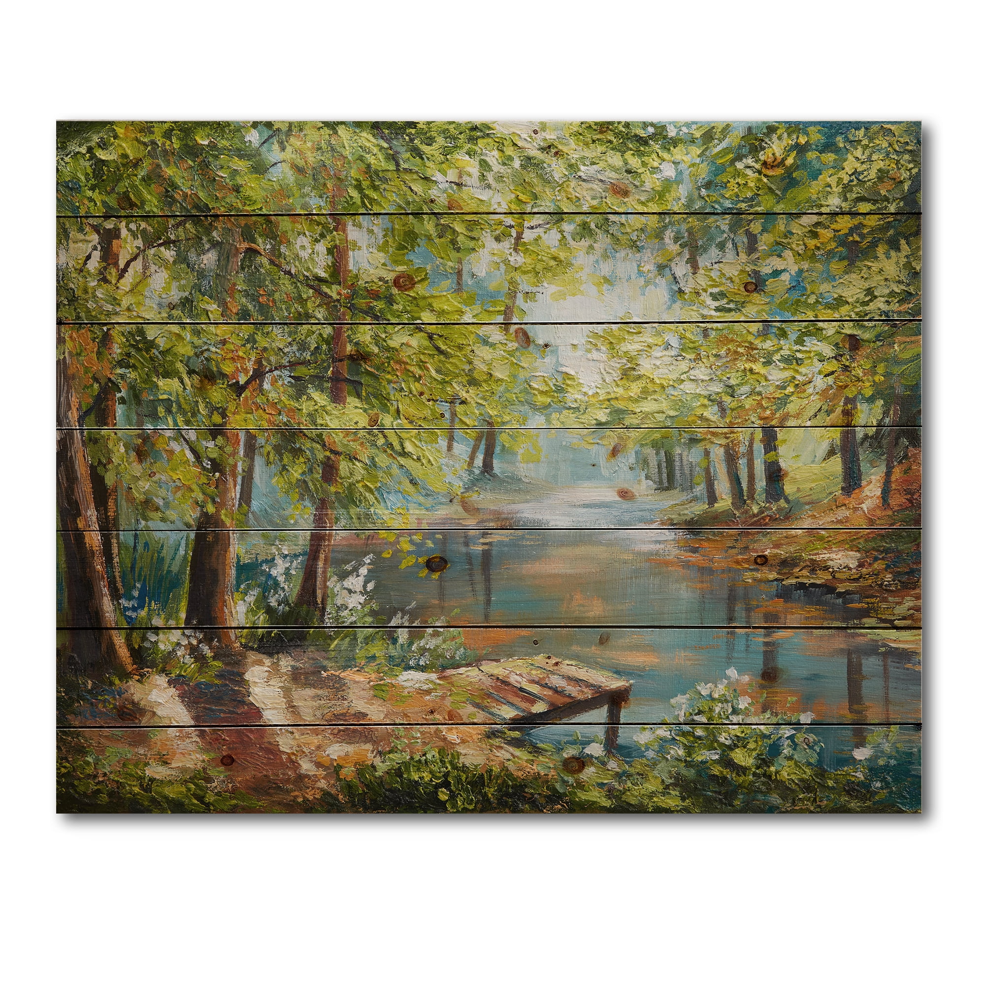 Designart 'Meandering River With Autumn Forest' Lake House Print on Natural Pine Wood