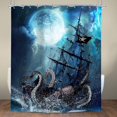 thumbnail image 4 of Octopus Pirate Ship Shower Curtain 72Wx72H Nautical Ocean Kraken Sea Waves Kids Boys Man Bathroom Curtain Set Vintage Sailboat Navy Moon Night Bath Curtain Fabric Bathroom Decor with 12 Hooks, 4 of 5