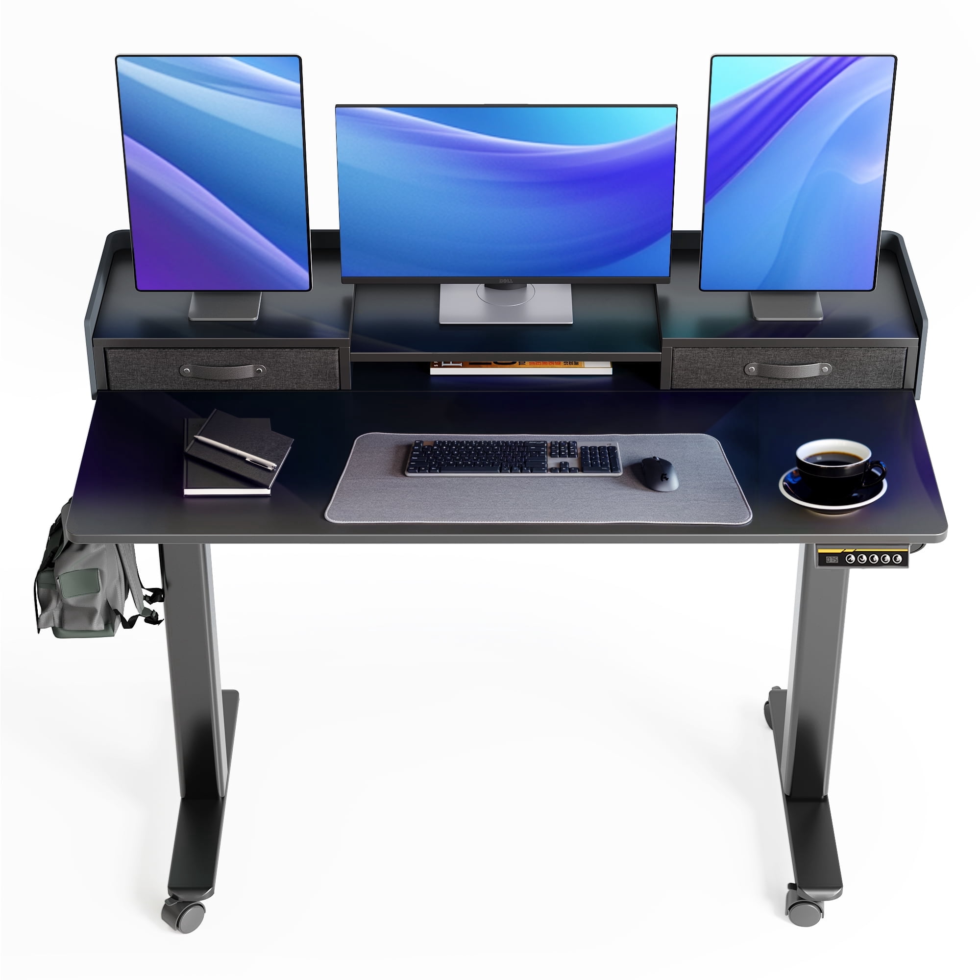 INNOVAR 55" Adjustable Standing Desk with 2 Storage Drawers, Height Adjust Mobile Stand up and Down Desk,Electric Sit-Stand Large Work Desk with 4 Wheels Rising Computer Table for Office Home,Black