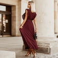 thumbnail image 5 of 2026 Summer New Women's Burgundy Sleeveless Pleated Midi Dress, V Neck Wrap Self Tie Waist Ruffle Shoulder Chiffon Formal Gown, 5 of 6