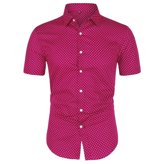 INSPIRE CHIC Chemise à Pois à Manches Courtes pour Homme, Boutonnée, Rose Rouge 38