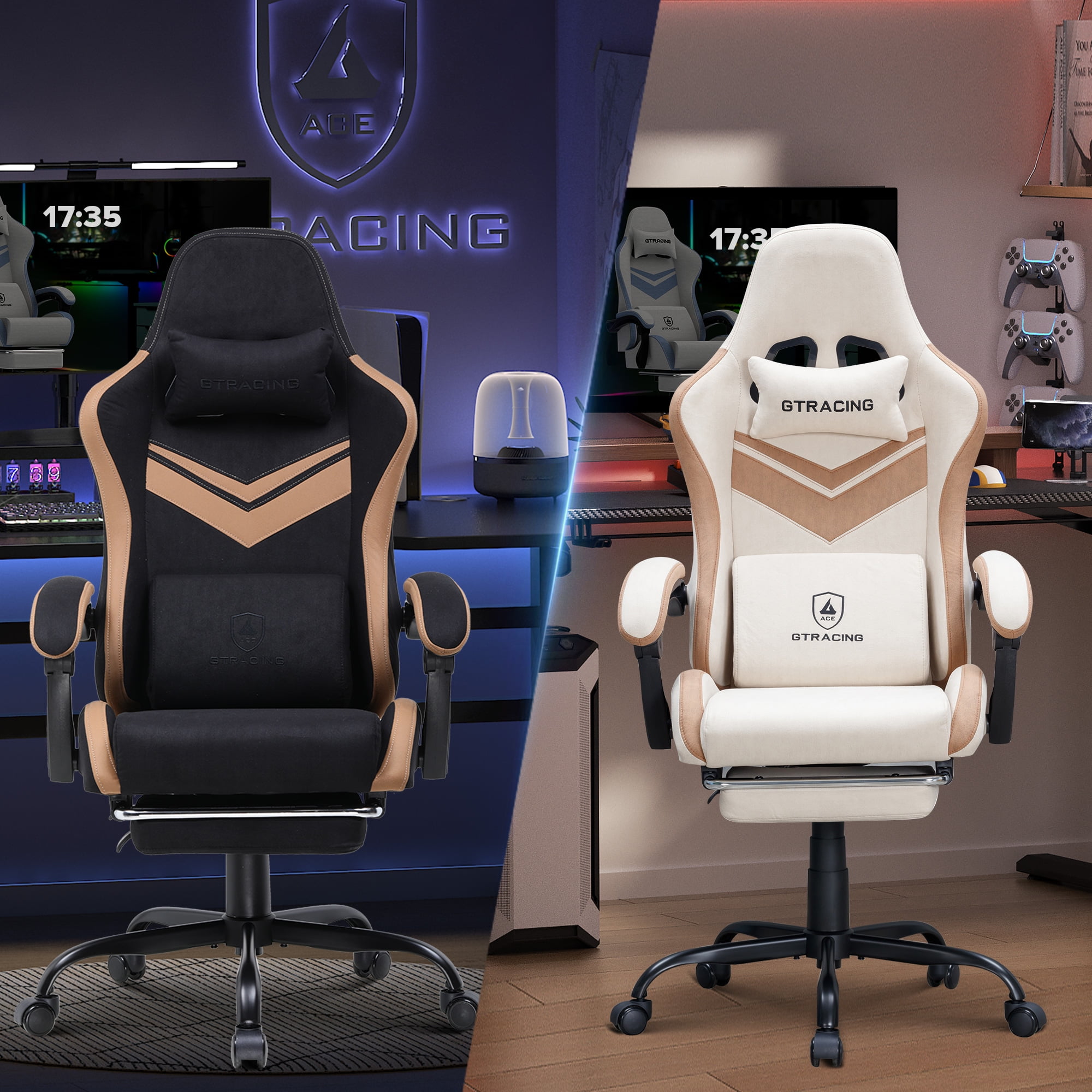 GTRACING Ergonimic Fabric Reclining Gaming Chair with Footrest and Linkage Armrests, Tan
