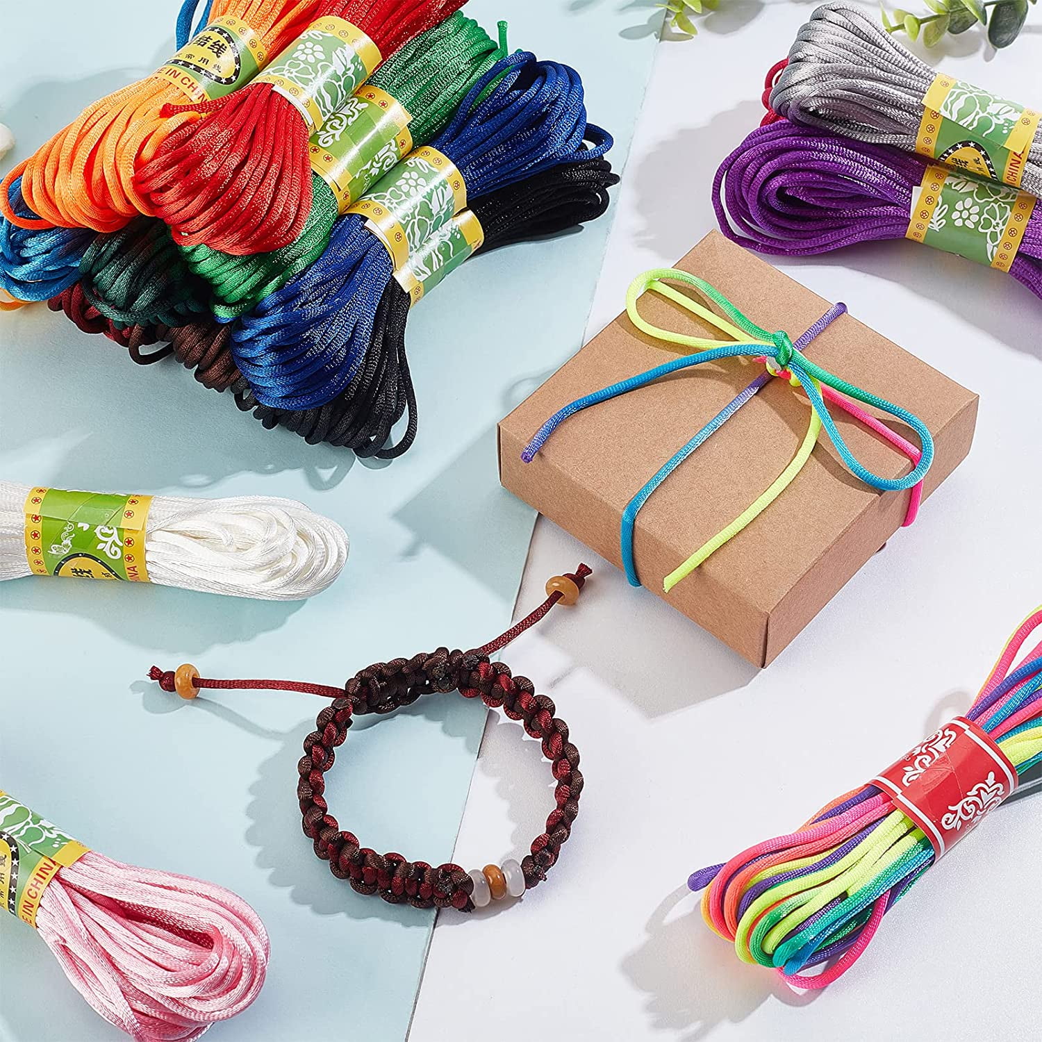 3mm Satin Nylon String 16 Colors Rattail Silk Cord 160 Yards Silk Bracelet String Beading String for Friendship Bracelet Necklace Chinese Knot Macramé Trim Dream Catchers Braid Hair Colorful