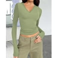 thumbnail image 1 of Diconna Women's Spring Autumn Crop Tops Solid Color Long Sleeve V Neck Short Slim T-shirt, 1 of 2