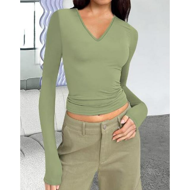 Diconna Women's Spring Autumn Crop Tops Solid Color Long Sleeve V Neck Short Slim T-shirt