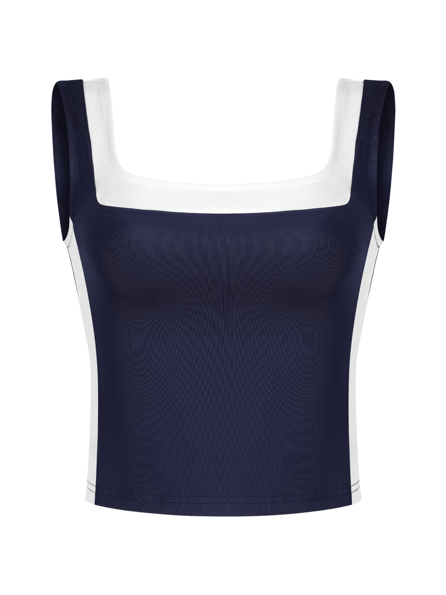 DARING DIVA Women's Crop Square Neck Slim Fitted Color Block Yoga Shirts S Navy