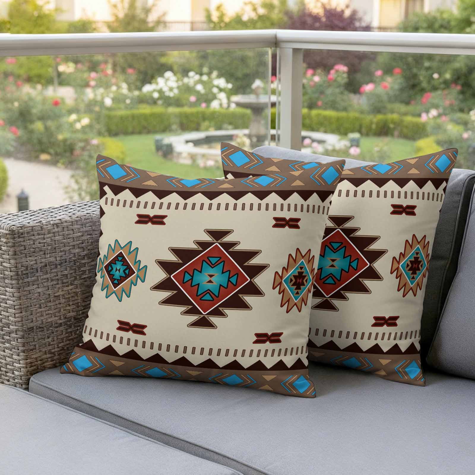 Pack of 2 Outdoor Pillow Covers,Waterproof Boho Southwest Throw Pillow Covers,Farmhouse Aztec Tribe Brown Blue Plaid Decorative Pillowcases Cushion Covers for Couch Pillow Sham Protector 18x18 Inch