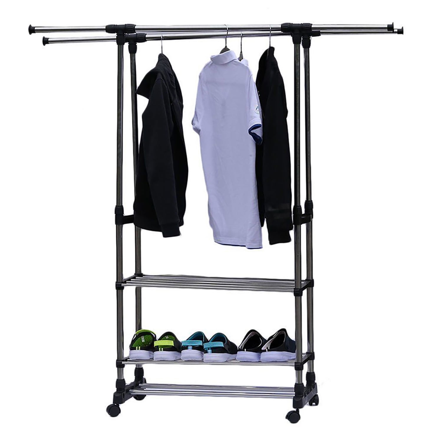 Kepooman Adjustable Garment Shoe Rack, Rolling Clothes Organizer with 2 Tier Metal Shelf, 3 Tiers Stainless Steel Clothing Garment Shoe Rack, Black Kepooman Adjustable Garment Shoe Rack, Rolling Clothes Organizer with 2 Tier Metal Shelf, 3 Tiers Stainless Steel Clothing Garment Shoe Rack, Black