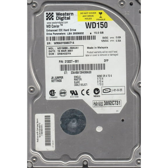 WD150BB-60AUA1, DCM DRBHEGYH, Western Digital 15GB IDE 3.5 Hard Drive