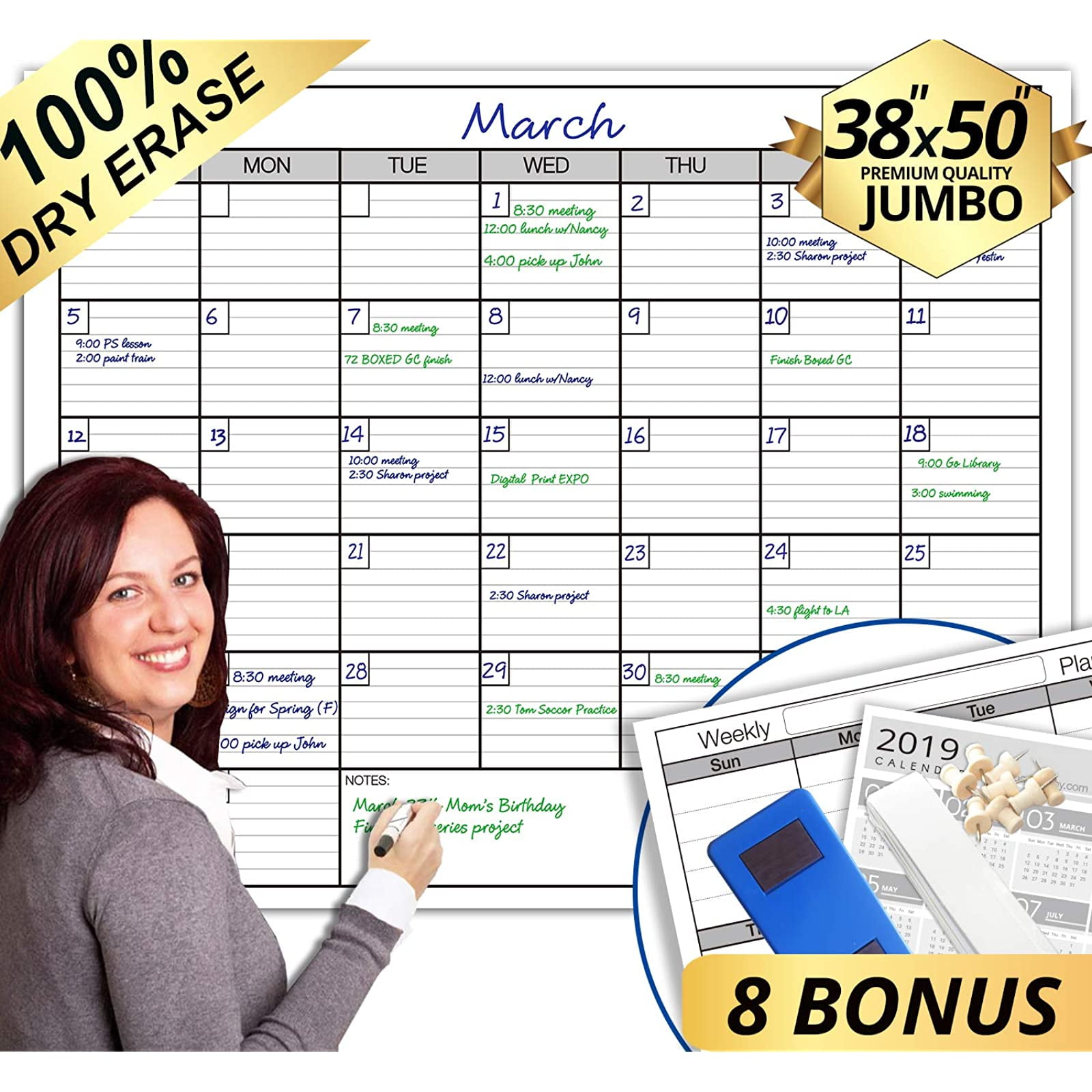 Dry Erase Monthly Large White Board Wall Calendar, 38" x 50", Jumbo