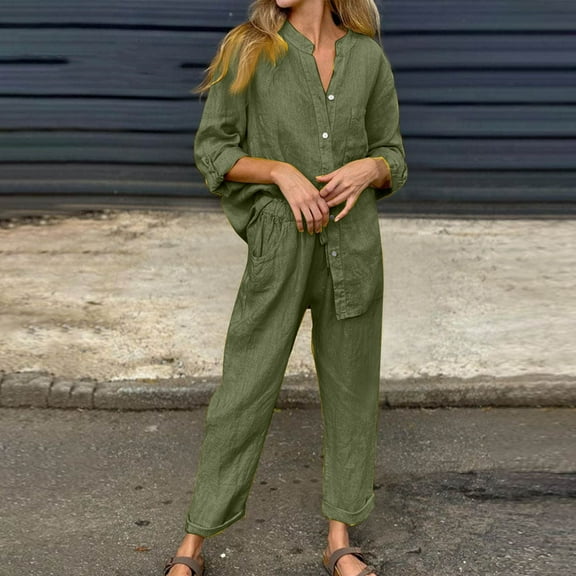 !Brilliant Two Piece Summer Outfits Women Women's Solid Color Round Neck Short Sleeve Tops and Pants Sets with Pockets Green 2x