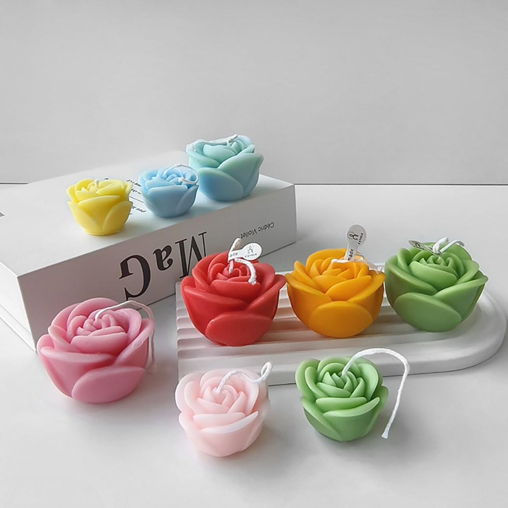 ABCISI 3pcs 3D Rose Flower Candle Mold, Silicone Flower Molds for Candle Making Supplies, Floral Epoxy Resin Molds for DIY Scented Candles Soap Cement Gypsum, 3 Sizes