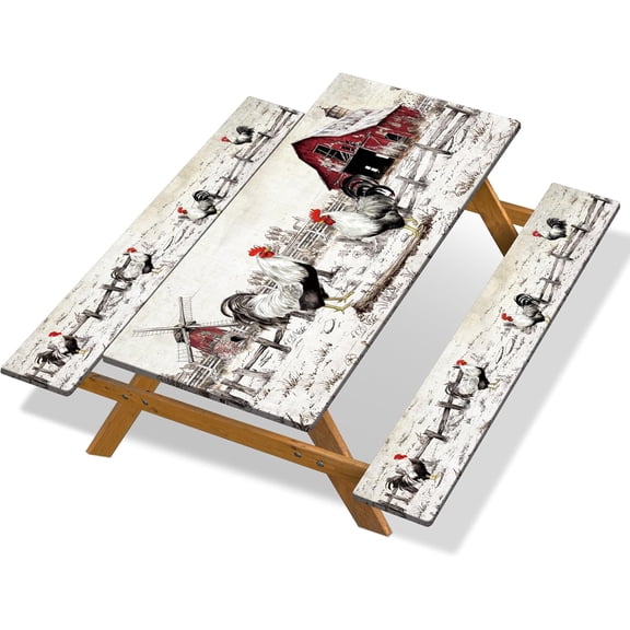 Picnic Table Cover with Bench Covers Camping Essentials Farmhouse Rooster Outdoor Table Covers with Elastic Waterproof Fitted Tablecloth for RV Picnic Travel 30x72 inch