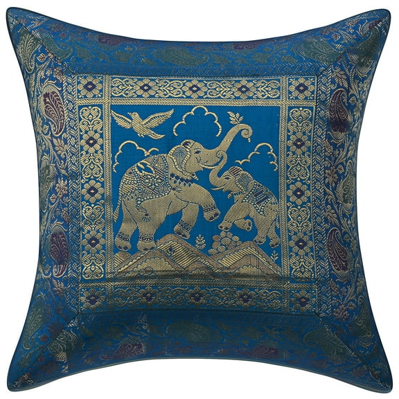 Stylo Culture Indian Chair Seat Throw Pillow Cover Elephant 16 x 16 Jacquard Turquoise Square 40 x 40 cm Home Decor Brocade Floral Zippered Cushion Cover | 1 Pc