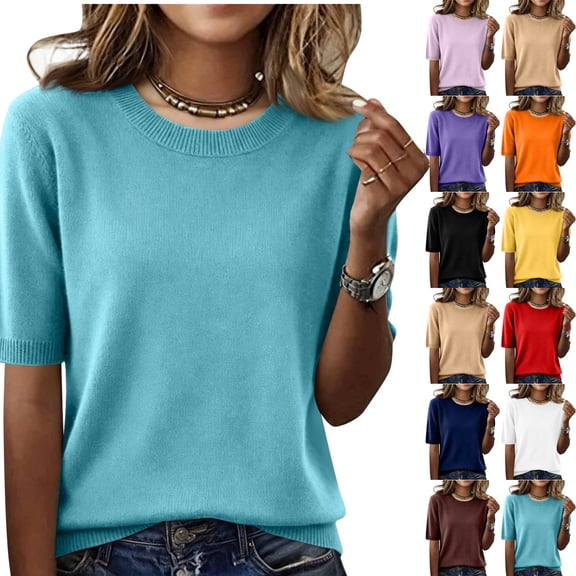Women's Lightweight Knit Tops Crew Neck Short Sleeve Wool Blend Sweater Shirts Soft Breathable Business Daily Wear Summer Dressy Casual Blouses, #01 Cyan, S