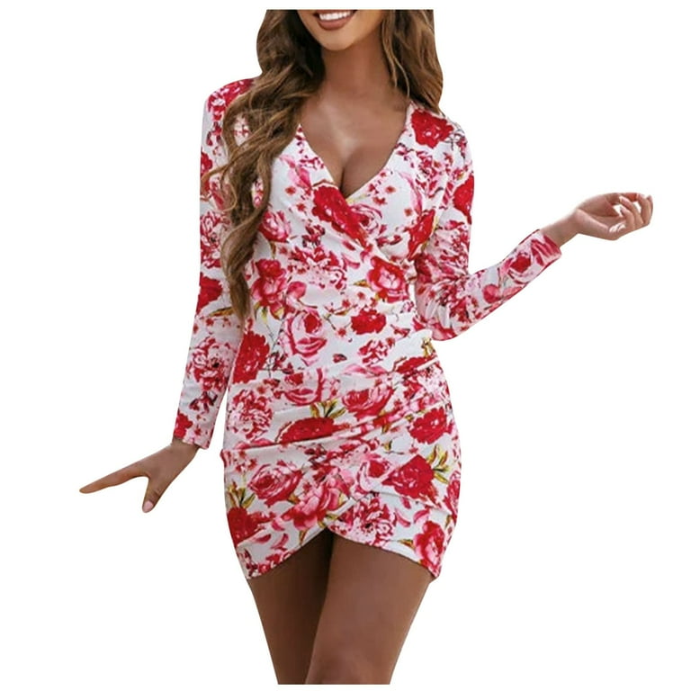 Floral deep v long store sleeve ruched bodycon dress