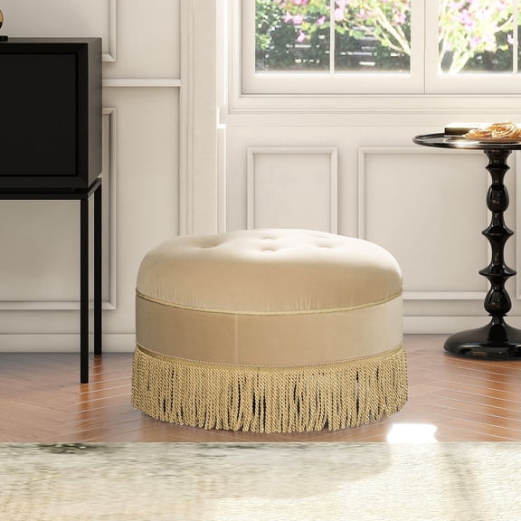 24" Round Brown Velvet Ottoman with Tassel Rope Fringe - Brings Vintage Charm to Living Spaces