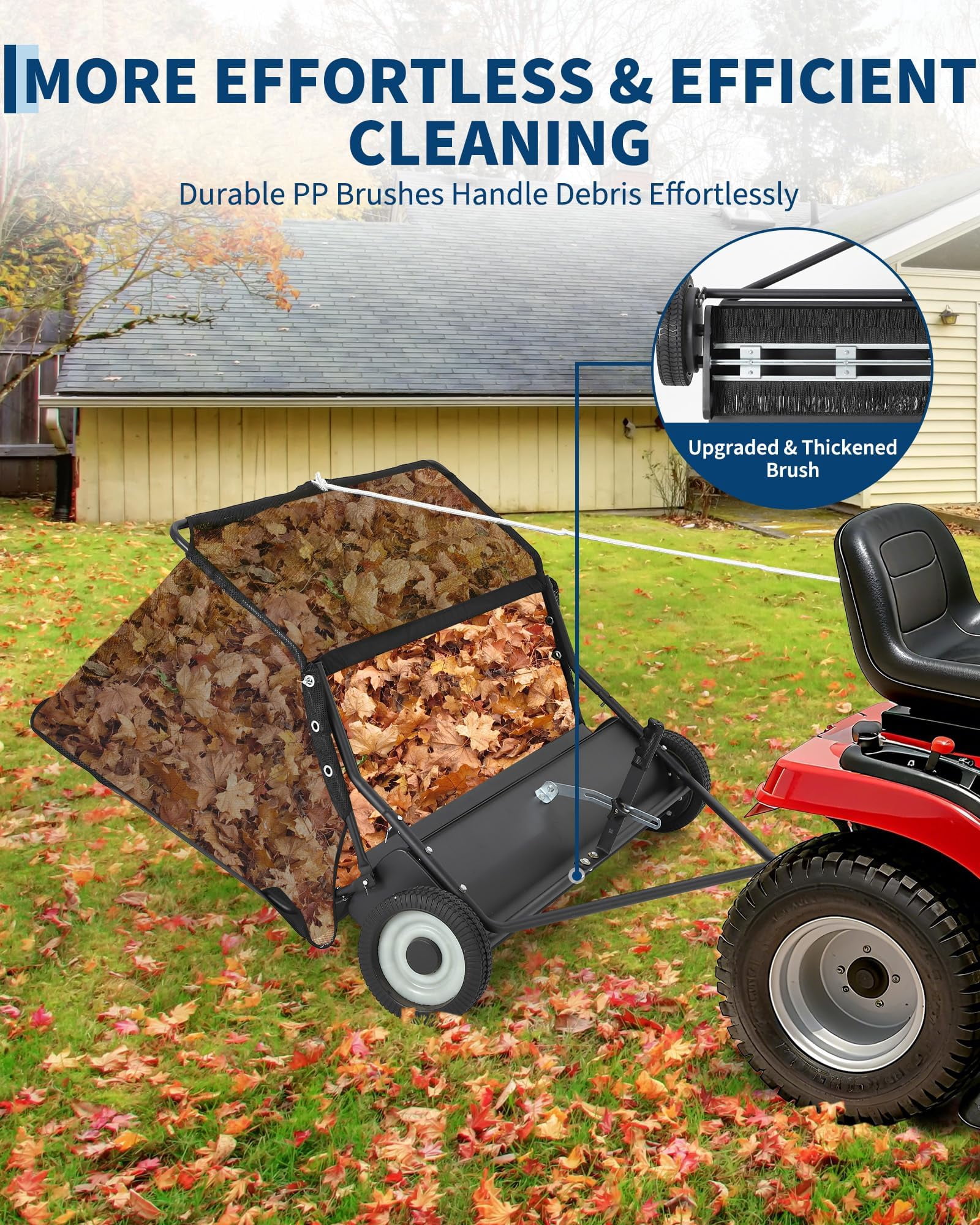 Lawn Sweeper Tow Behind with 42" Wide Sweeping Width, 21 Cu.Ft Large Hopper Capacity, Tool-Free Adjustable Sweeping Height, for Tractor ATV UTV, and Quick Assembly