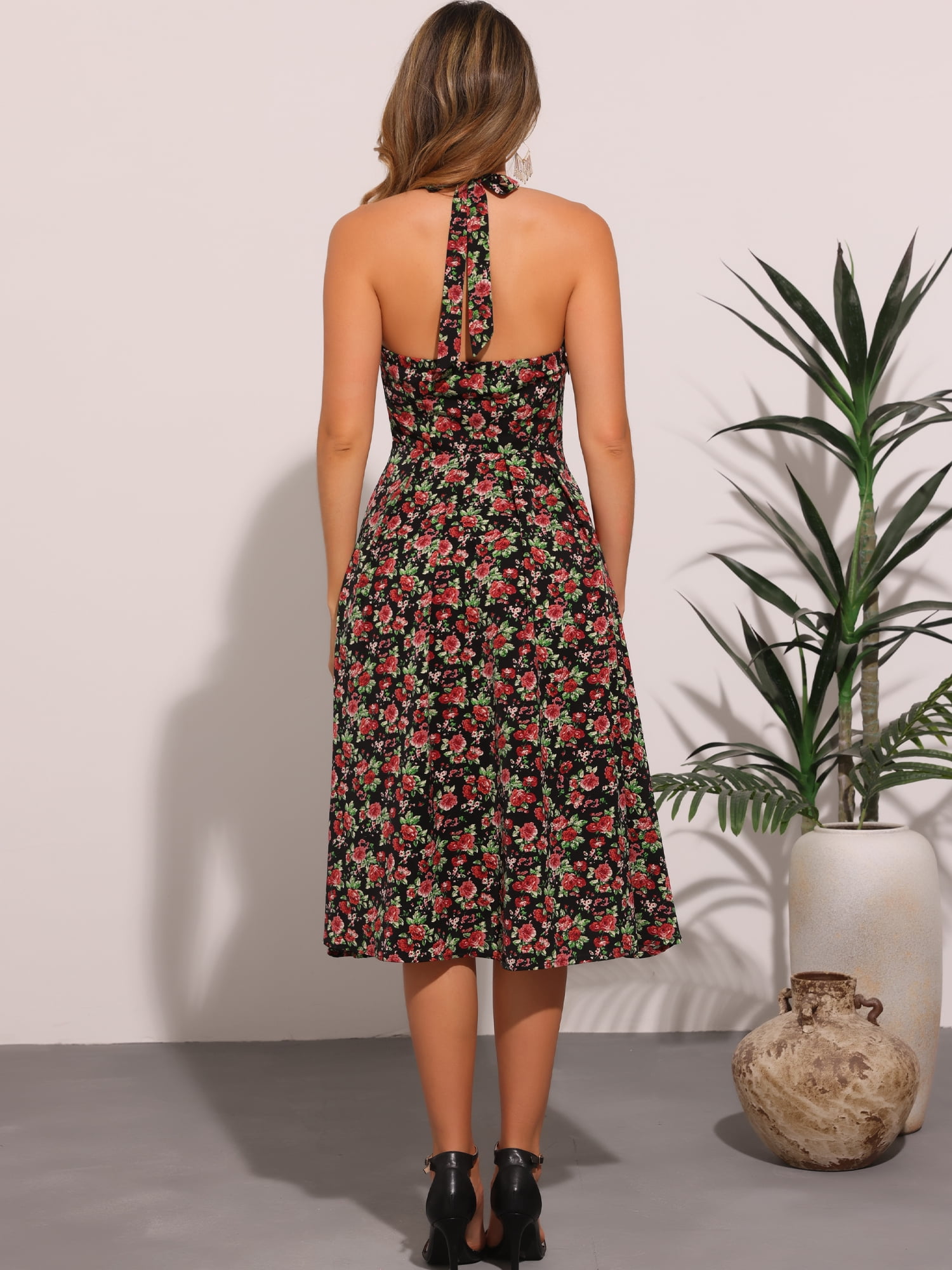 DARING DIVA Women's Halter Sleeveless Lace Up Floral Midi Dresses L Black Rose