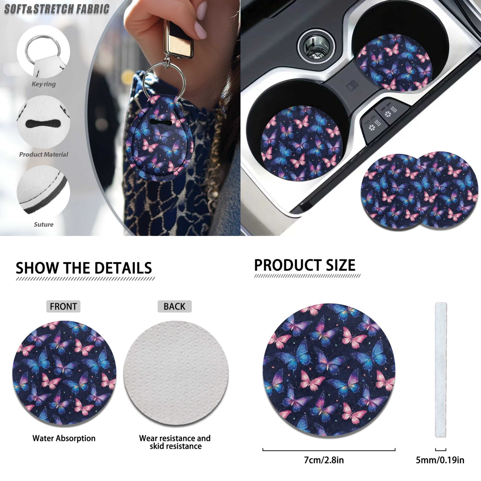 Jeiento Butterfly Car Accessories Full Set for Women, Automotive Vehicle Seat Cover, Decorative Car Floor Mat Steering Wheel Cover Center Console Pad Fit for SUV Van Truck Sedan, Blue Pink