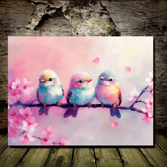 1pc, 2D Wooden Framed Canvas Art - Three Lovely Chickadees on Cherry Blossom Tree with Vibrant Pink and Purple Flowers, Perfect for Office, Classroom, Kitchen, Bedroom, or Bathroom Decor
