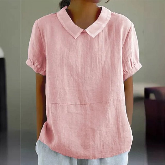 Blusa de lino y algodón para mujer, camisa de manga corta con solapa, de Color liso, cómoda e informal, estilo Simple, 2024