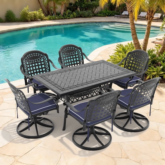7-Piece All-Weather Cast Aluminum Dining Set, 6 Swivel Chairs & Rectangular Table, Black Frame, 350lbs Seat Capacity, Cushions Included, Outdoor Patio Furniture