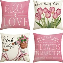 Hello Love Pink Tulips Bicycle Throw Pillow Covers, 18 x 18 Inch Flowers Spring Mother''s Day Cushion Case for Sofa Couch Set of 4