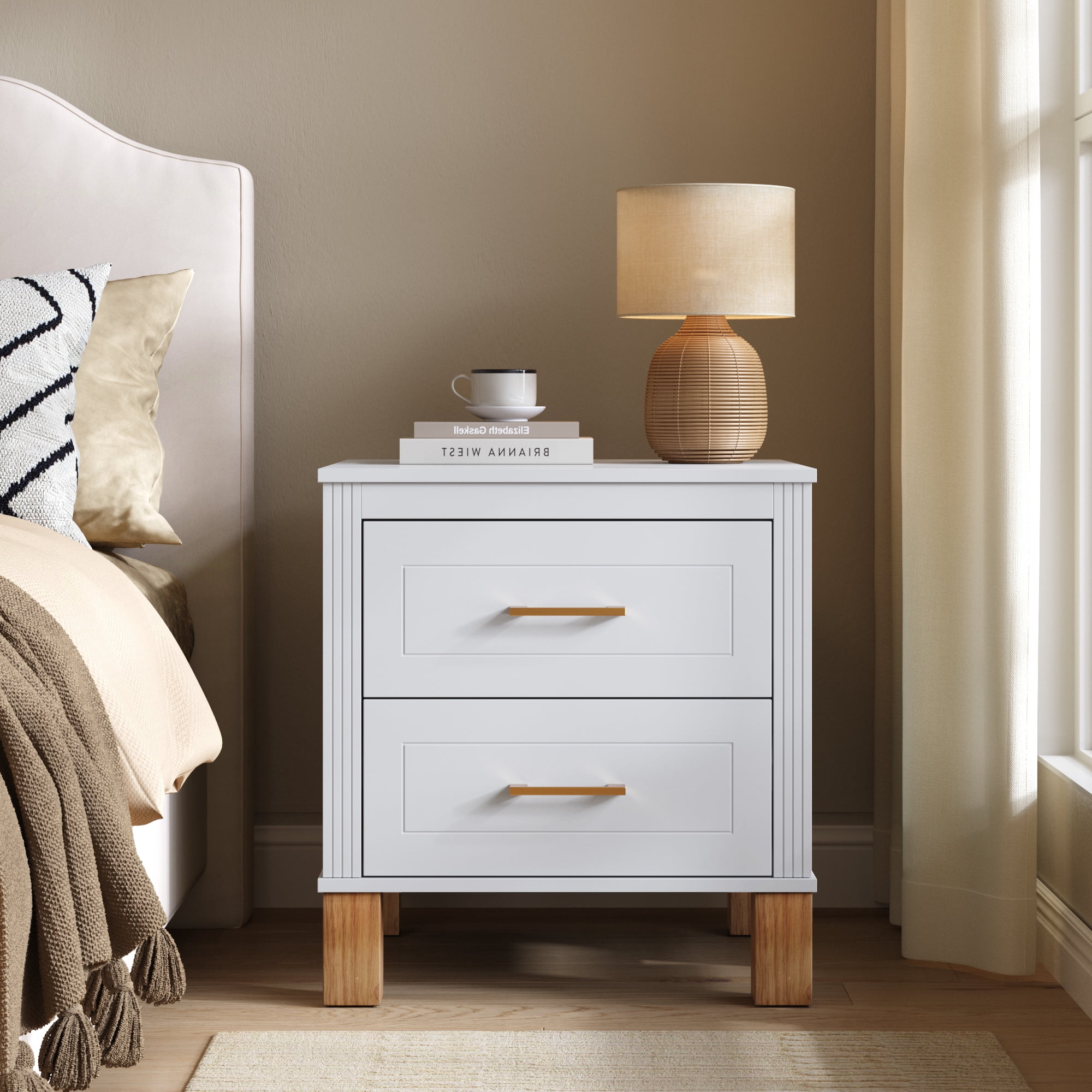 2 Drawer Nightstand, Premium Wood Storage with Elegant Fluted Design, Solid Wood Legs Nightstand with Metal Handle, Tall Bedside Table for Bedroom Living Room, White