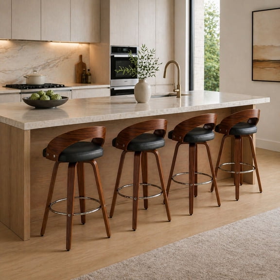 GOMYHOME Swivel Bar Stools Set of 4, 25” Counter Height, Upholstered Cushioned Seat, Solid Wood Legs, Modern Kitchen Island Chairs with Low Back, Black