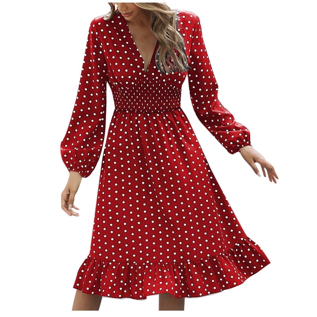 FAIWAD Robes de Sortie pour Femmes Tendance à Pois Imprimés Robe Midi à Manches Longues Volants Col en V Robe Fluide