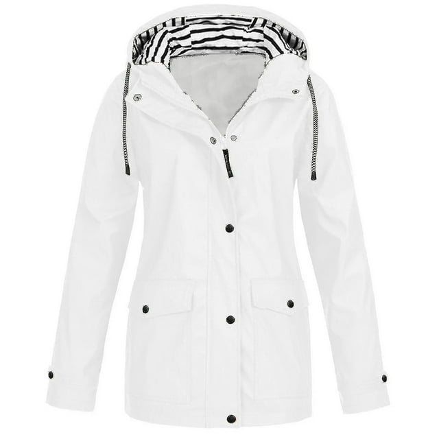 Women Solid Rain Jacket Outdoor Plus Size Waterproof Hooded Raincoat Windproof