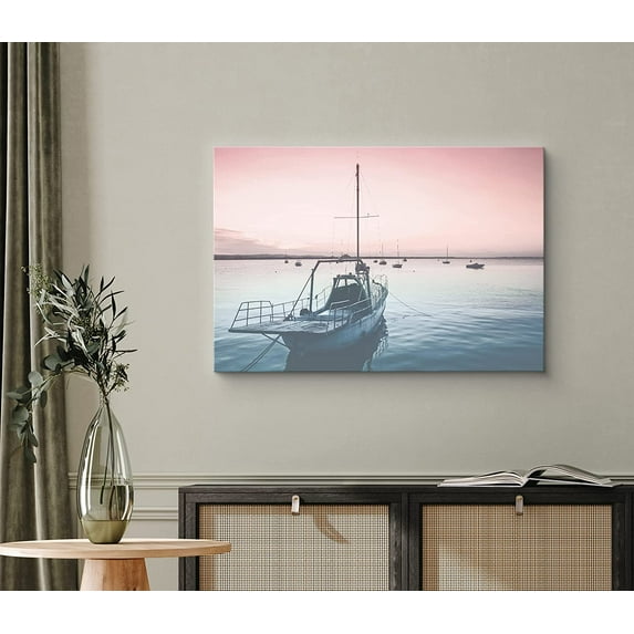 PixonSign Canvas Print Wall Art Film Grain Pink & Teal Duotone Boat Marine Life Ocean Photography Realism Modern Scenic Colorful Multicolor Duotone for Living Room, Bedroom, Office - 32"x48"